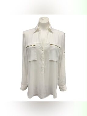 Express White Long-Sleeve Button-Front Blouse with Zip Pockets Size M